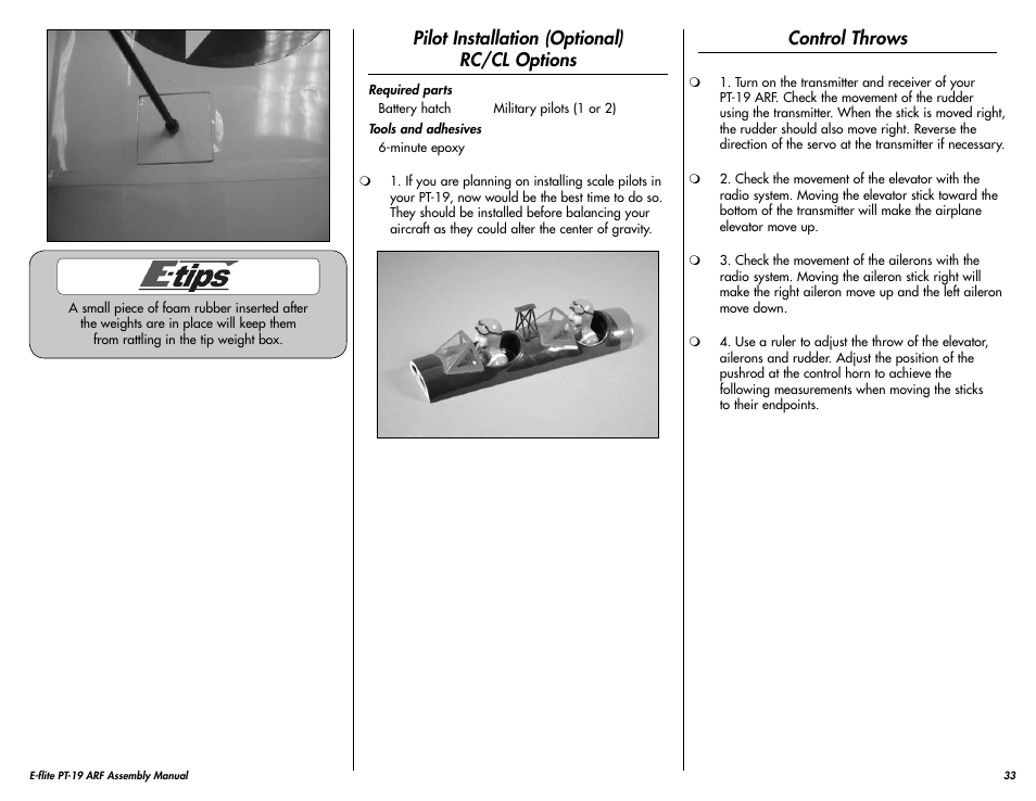 Pilot installation (optional)rc/cl options, Control throws, Pilot installation (optional) rc/cl options | E-flite PT-19 450 ARF User Manual | Page 33 / 44