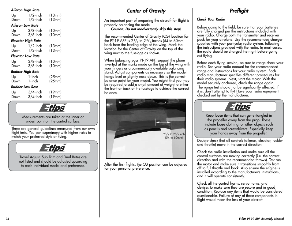 Center of gravity, Preflight | E-flite PT-19 450 ARF User Manual | Page 34 / 44