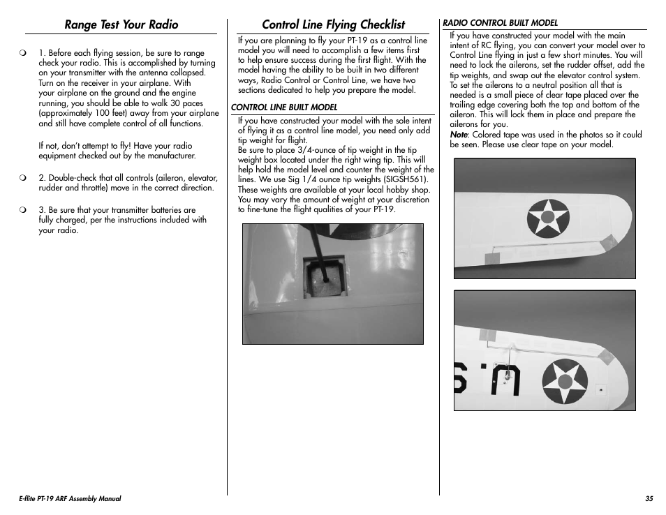 Range test your radio, Control line flying checklist | E-flite PT-19 450 ARF User Manual | Page 35 / 44