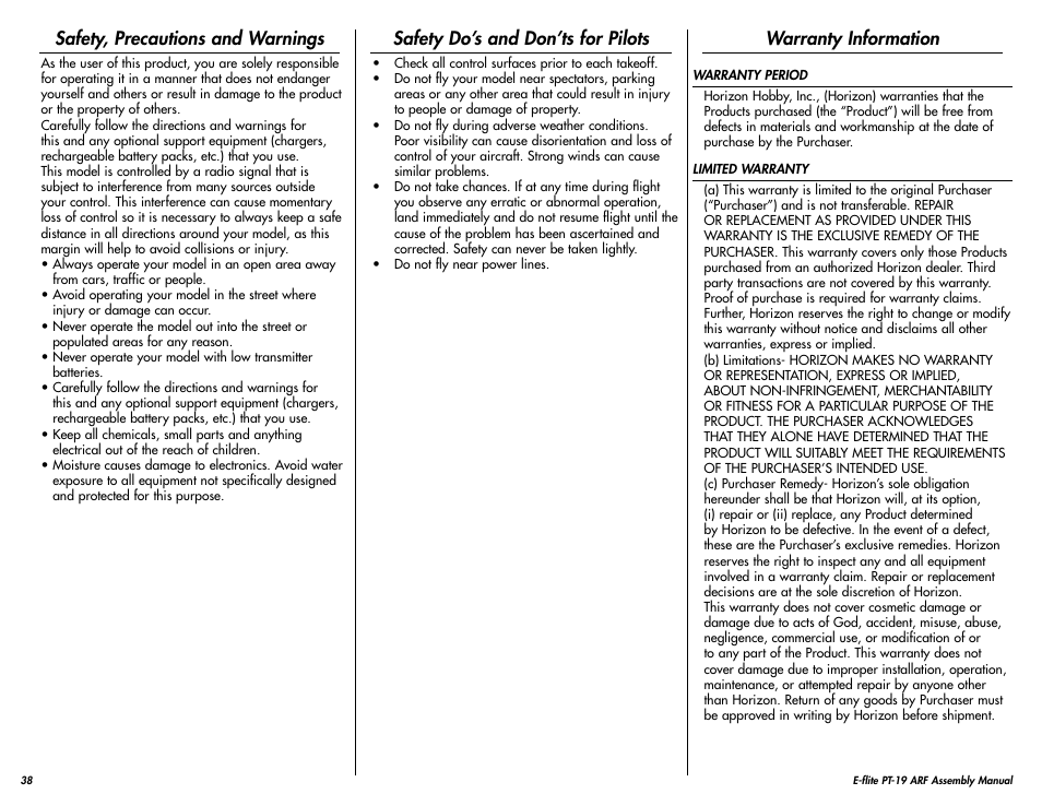 Safety, precautions and warnings, Safety do’s and don’ts for pilots, Warranty information | E-flite PT-19 450 ARF User Manual | Page 38 / 44