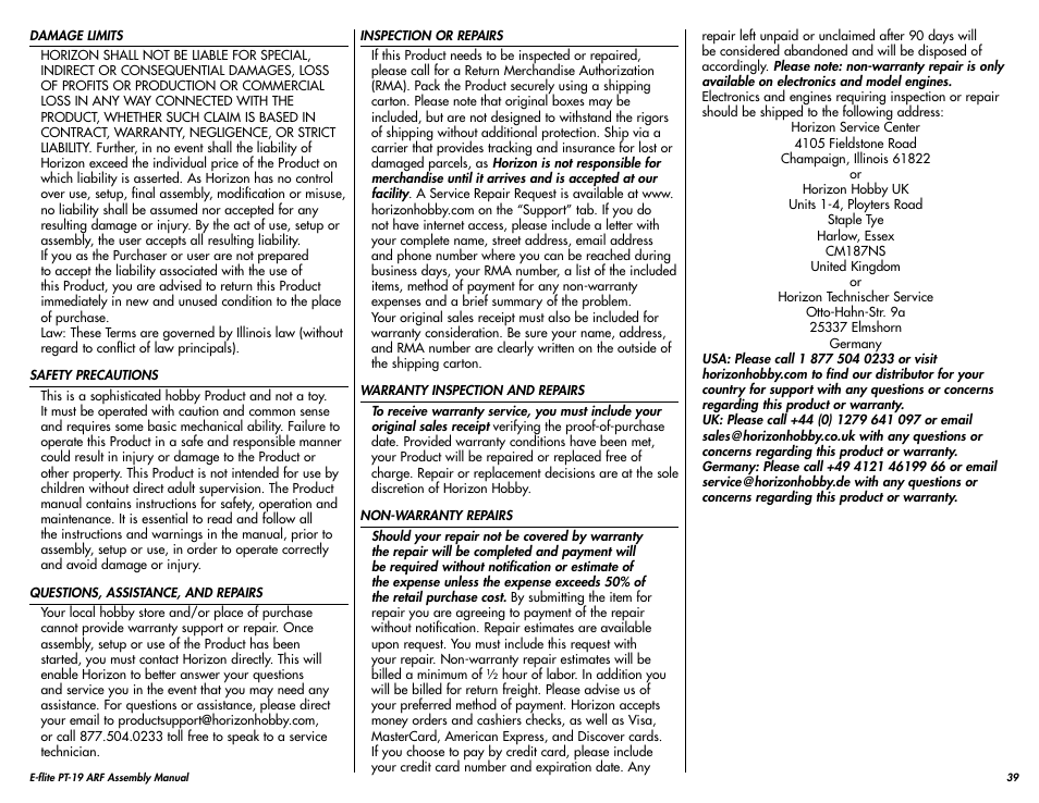 Warranty information | E-flite PT-19 450 ARF User Manual | Page 39 / 44