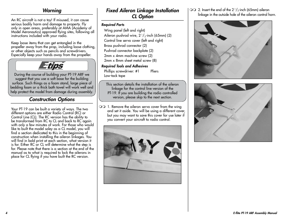 Warning, Construction options, Fixed aileron linkage installation cl option | E-flite PT-19 450 ARF User Manual | Page 4 / 44