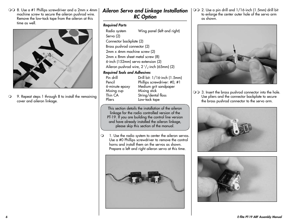 Aileron servo and linkage installation rc option | E-flite PT-19 450 ARF User Manual | Page 6 / 44