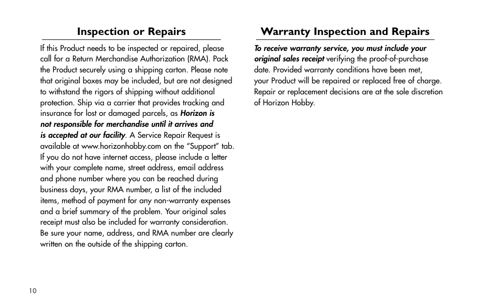 Inspection or repairs, Warranty inspection and repairs, Inspection.or.repairs | Warranty.inspection.and.repairs | E-flite Cap 232 BP ARF User Manual | Page 10 / 44