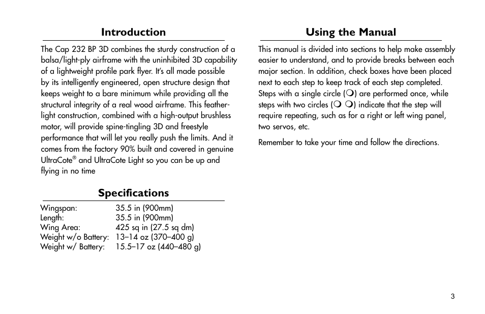 Introduction, Specifications, Using the manual | Using.the.manual | E-flite Cap 232 BP ARF User Manual | Page 3 / 44