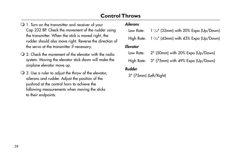 Control throws, Control.throws | E-flite Cap 232 BP ARF User Manual | Page 38 / 44