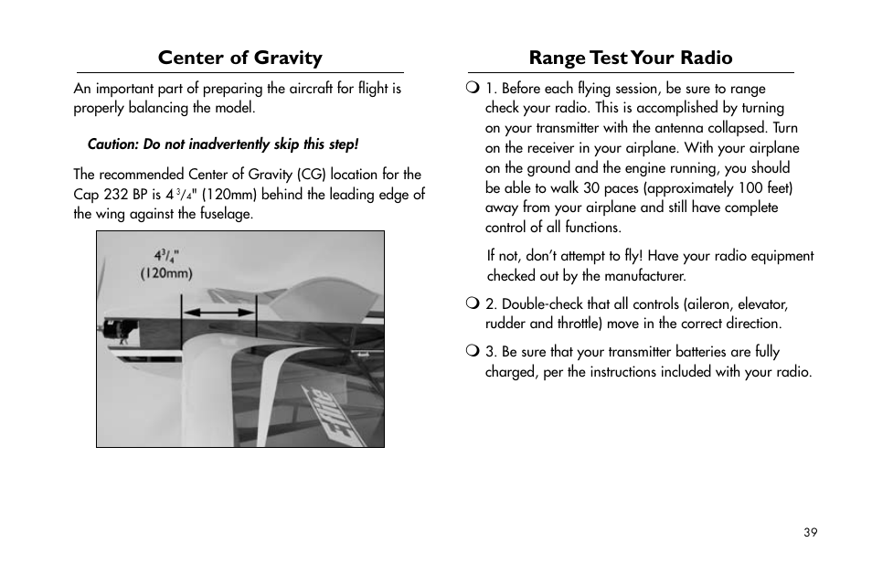 Center of gravity, Range test your radio, Center.of.gravity | Range.test.your.radio | E-flite Cap 232 BP ARF User Manual | Page 39 / 44