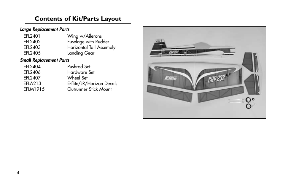 Contents of kit/parts layout, Contents.of.kit/parts.layout | E-flite Cap 232 BP ARF User Manual | Page 4 / 44