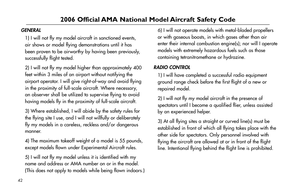 2006.official.ama, National.model.aircraft.safety.code | E-flite Cap 232 BP ARF User Manual | Page 42 / 44