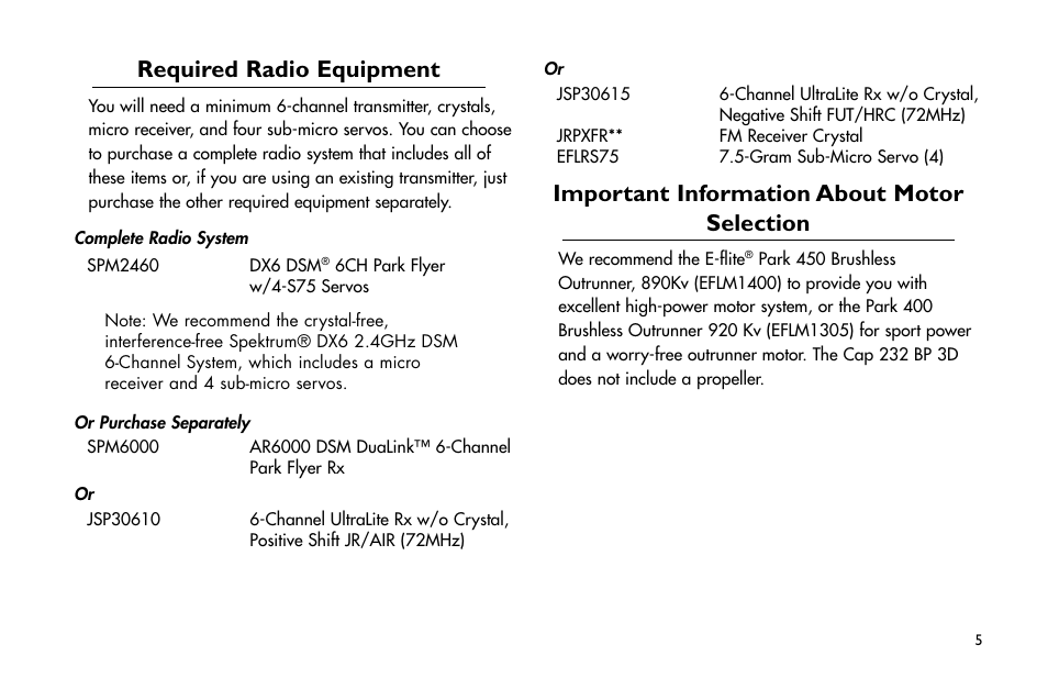 Required radio equipment, Important information about motor selection, Required.radio.equipment | Important.information.about.motor.selection | E-flite Cap 232 BP ARF User Manual | Page 5 / 44