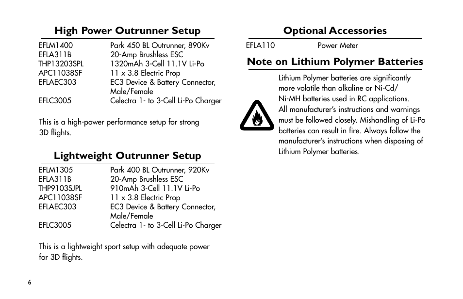 High power outrunner setup, Lightweight outrunner setup, Optional accessories | Note on lithium polymer batteries, High.power.outrunner.setup, Lightweight.outrunner.setup, Optional.accessories, Note.on.lithium.polymer.batteries | E-flite Cap 232 BP ARF User Manual | Page 6 / 44