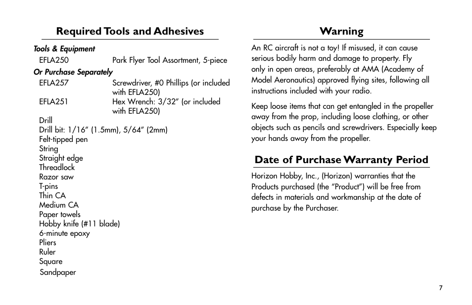 Required tools and adhesives, Warning, Date of purchase warranty period | Required.tools.and.adhesives, Date.of.purchase.warranty.period | E-flite Cap 232 BP ARF User Manual | Page 7 / 44