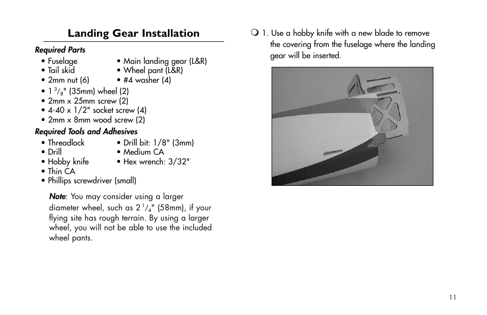Landing gear installation | E-flite Brio 10 ARF User Manual | Page 11 / 56