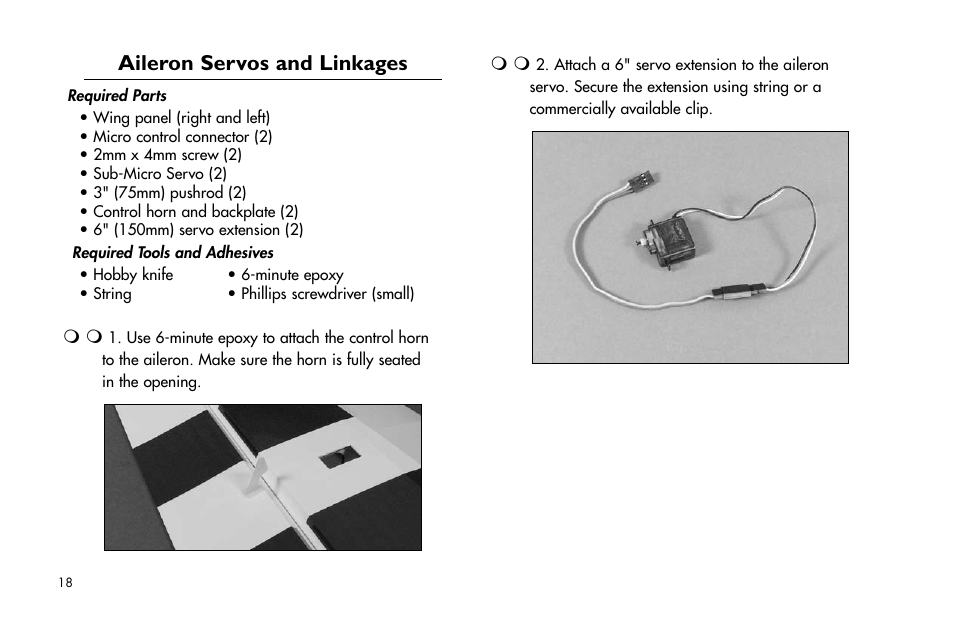 Aileron servos and linkages | E-flite Brio 10 ARF User Manual | Page 18 / 56