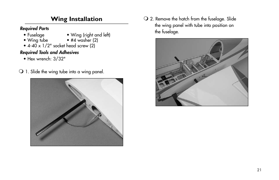 Wing installation | E-flite Brio 10 ARF User Manual | Page 21 / 56