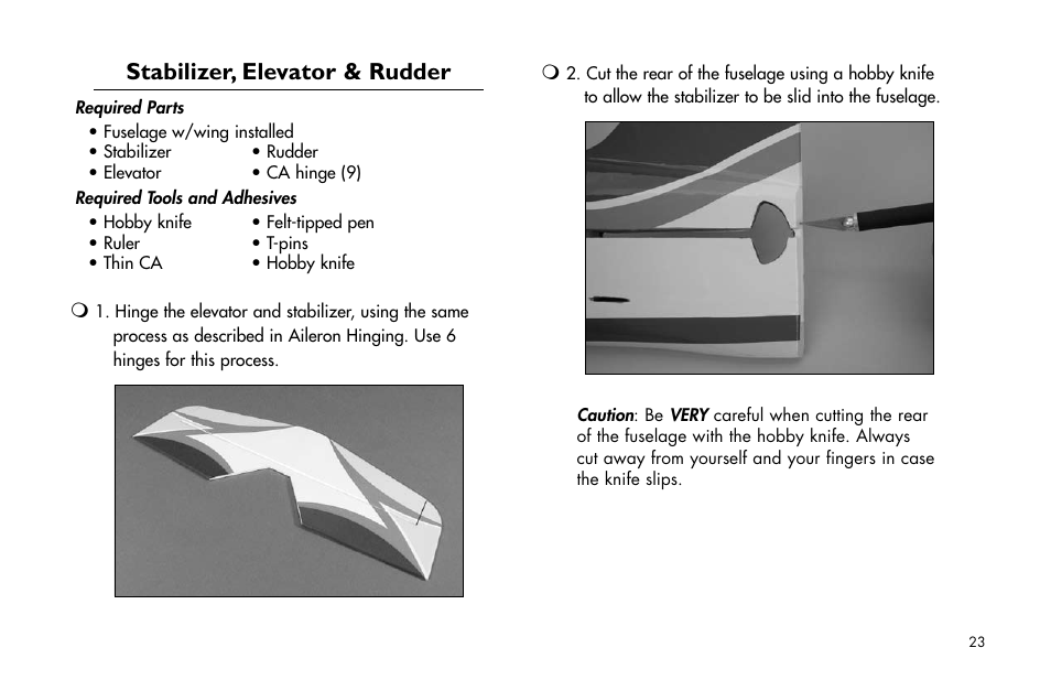 Stabilizer, elevator & rudder | E-flite Brio 10 ARF User Manual | Page 23 / 56