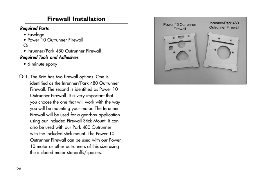 Firewall installation | E-flite Brio 10 ARF User Manual | Page 28 / 56