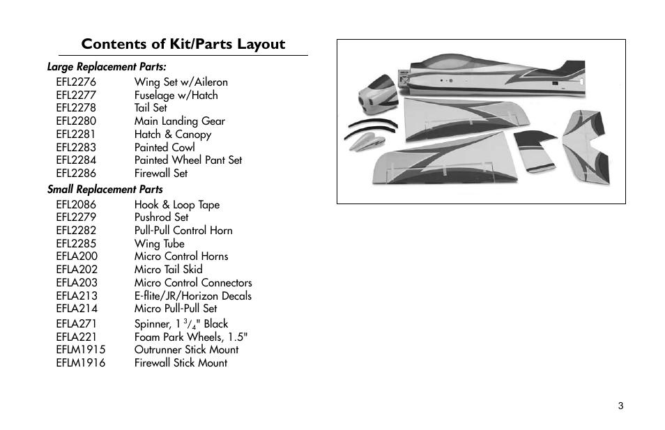 Contents of kit/parts layout | E-flite Brio 10 ARF User Manual | Page 3 / 56