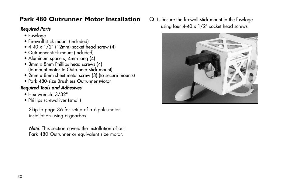 Park 480 outrunner motor installation | E-flite Brio 10 ARF User Manual | Page 30 / 56
