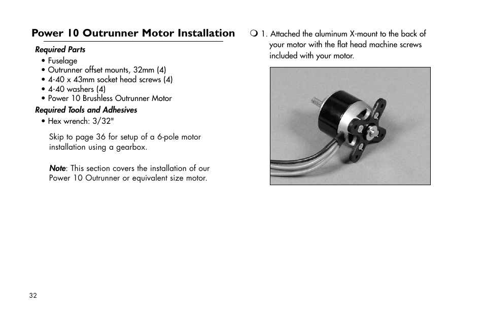 Power 10 outrunner motor installation | E-flite Brio 10 ARF User Manual | Page 32 / 56