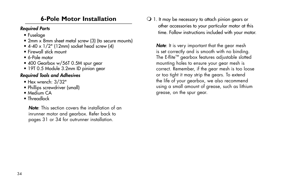 Pole motor installation | E-flite Brio 10 ARF User Manual | Page 34 / 56