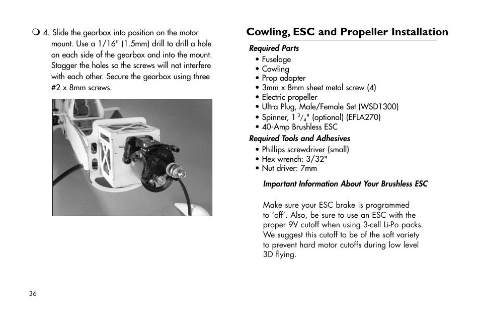 Cowling, esc and propeller installation | E-flite Brio 10 ARF User Manual | Page 36 / 56