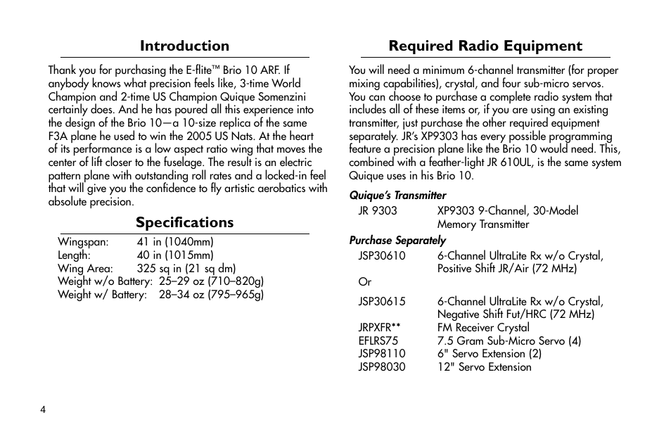 Introduction, Specifications, Required radio equipment | E-flite Brio 10 ARF User Manual | Page 4 / 56