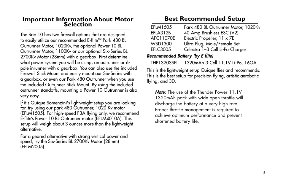 Important information about motor selection, Best recommended setup | E-flite Brio 10 ARF User Manual | Page 5 / 56