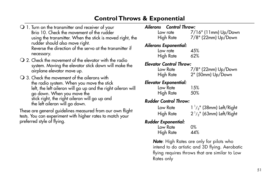 Control throws & exponential | E-flite Brio 10 ARF User Manual | Page 51 / 56