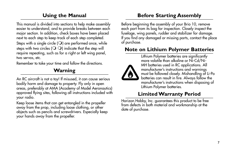 Using the manual, Warning, Before starting assembly | Limited warranty period | E-flite Brio 10 ARF User Manual | Page 7 / 56