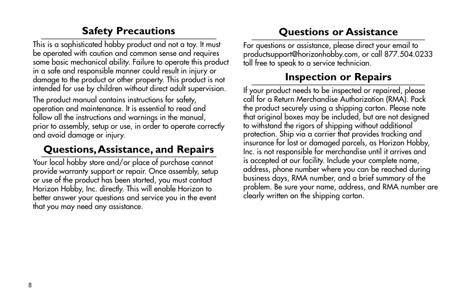 Questions or assistance, Inspection or repairs, Safety precautions | Questions, assistance, and repairs | E-flite Brio 10 ARF User Manual | Page 8 / 56