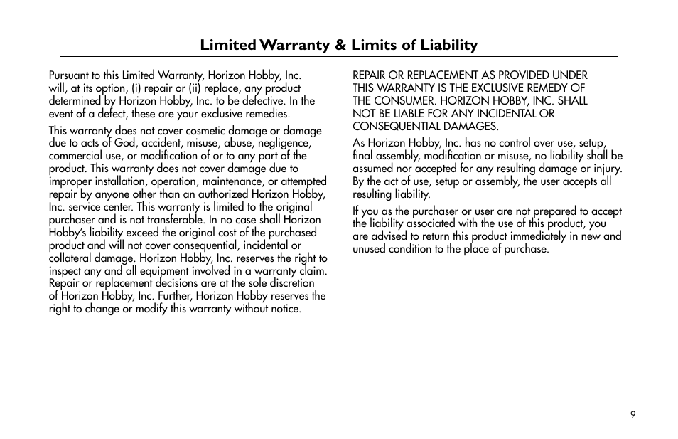 Limited warranty & limits of liability | E-flite Brio 10 ARF User Manual | Page 9 / 56