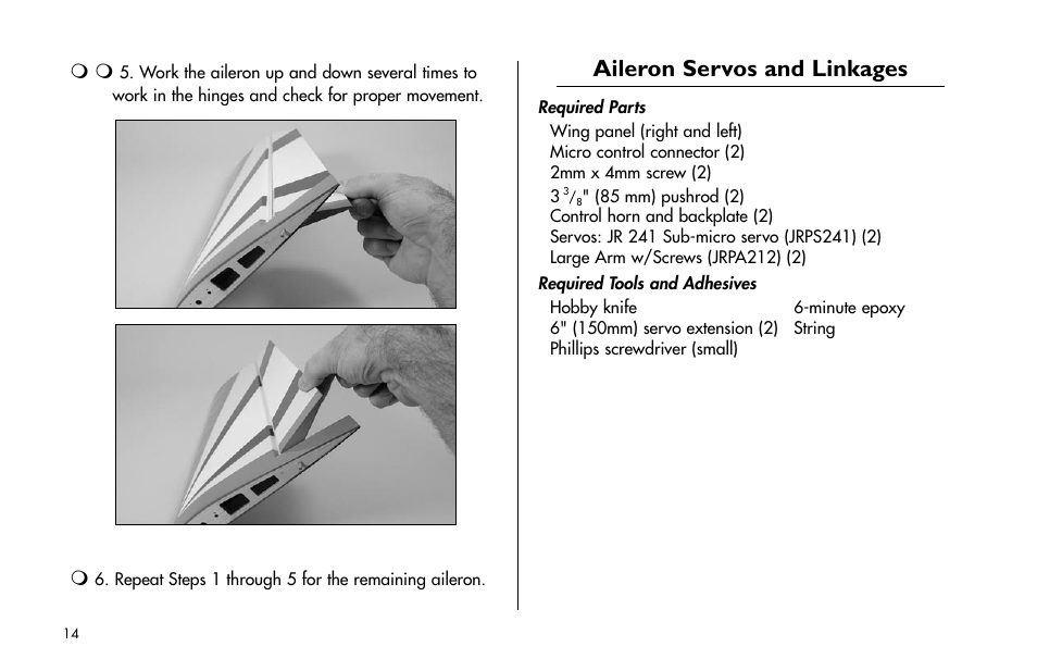 Aileron servos and linkages | E-flite Mini Edge 3D ARF User Manual | Page 14 / 44