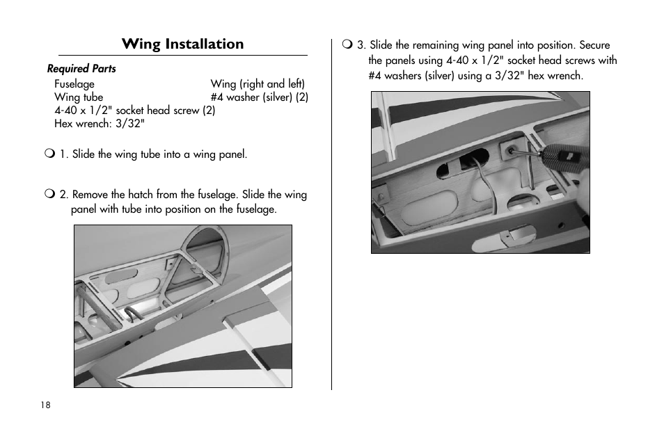 Wing installation | E-flite Mini Edge 3D ARF User Manual | Page 18 / 44