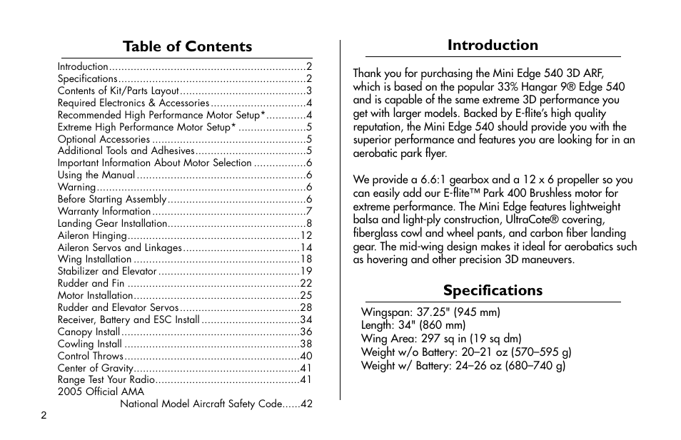 E-flite Mini Edge 3D ARF User Manual | Page 2 / 44