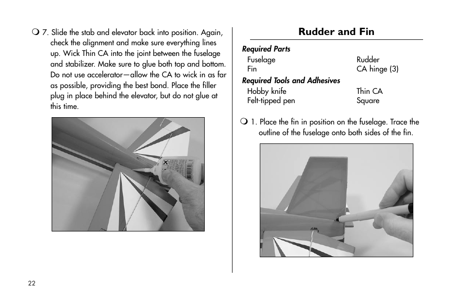 Rudder and fin | E-flite Mini Edge 3D ARF User Manual | Page 22 / 44