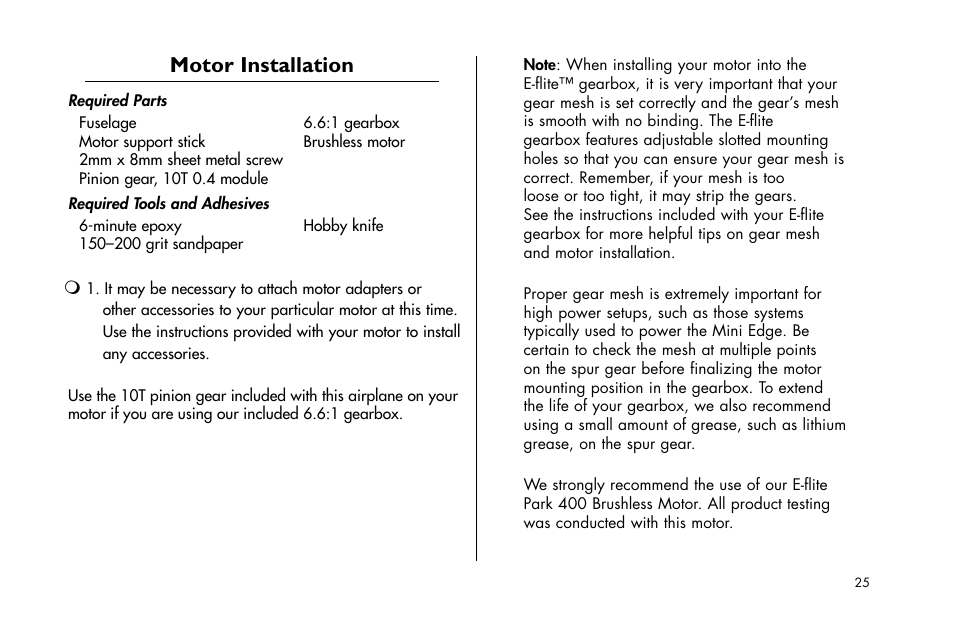 Motor installation | E-flite Mini Edge 3D ARF User Manual | Page 25 / 44