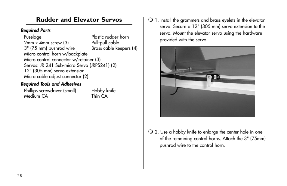 Rudder and elevator servos | E-flite Mini Edge 3D ARF User Manual | Page 28 / 44