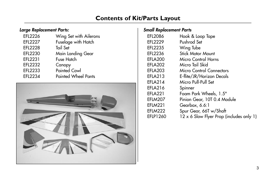 Contents of kit/parts layout | E-flite Mini Edge 3D ARF User Manual | Page 3 / 44