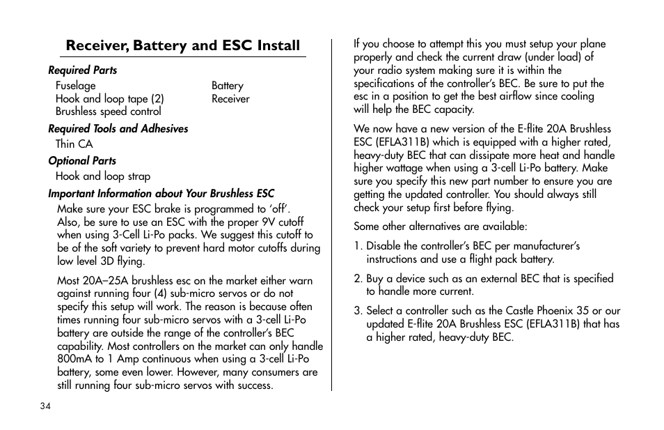Receiver, battery and esc install | E-flite Mini Edge 3D ARF User Manual | Page 34 / 44