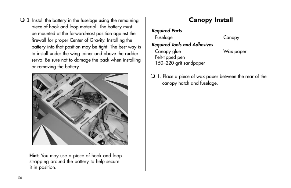 Canopy install | E-flite Mini Edge 3D ARF User Manual | Page 36 / 44