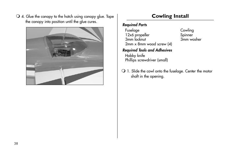 Cowling install | E-flite Mini Edge 3D ARF User Manual | Page 38 / 44