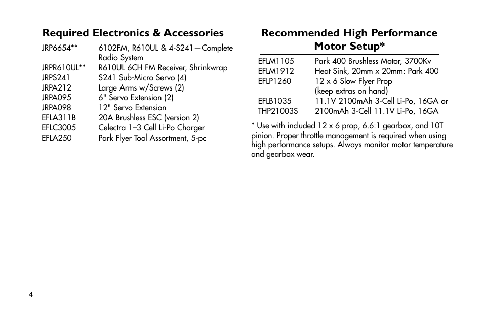 Required electronics & accessories, Recommended high performance motor set-up, Recommended high performance motor setup | E-flite Mini Edge 3D ARF User Manual | Page 4 / 44