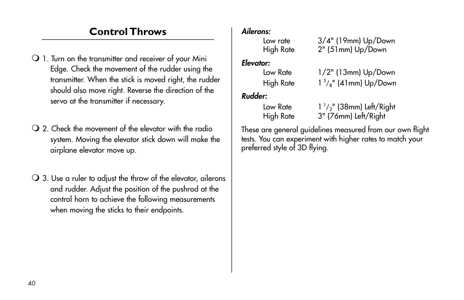 Control throws | E-flite Mini Edge 3D ARF User Manual | Page 40 / 44