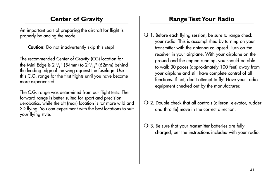 Center of gravity, Range test your radio | E-flite Mini Edge 3D ARF User Manual | Page 41 / 44