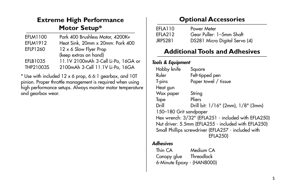 Extreme high performance motor set-up, Optional accessories, Additional tools and adhesives | Extreme high performance motor setup | E-flite Mini Edge 3D ARF User Manual | Page 5 / 44