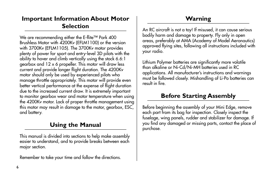 Important information about motor selection, Using the manual, Warning | Before starting assembly | E-flite Mini Edge 3D ARF User Manual | Page 6 / 44