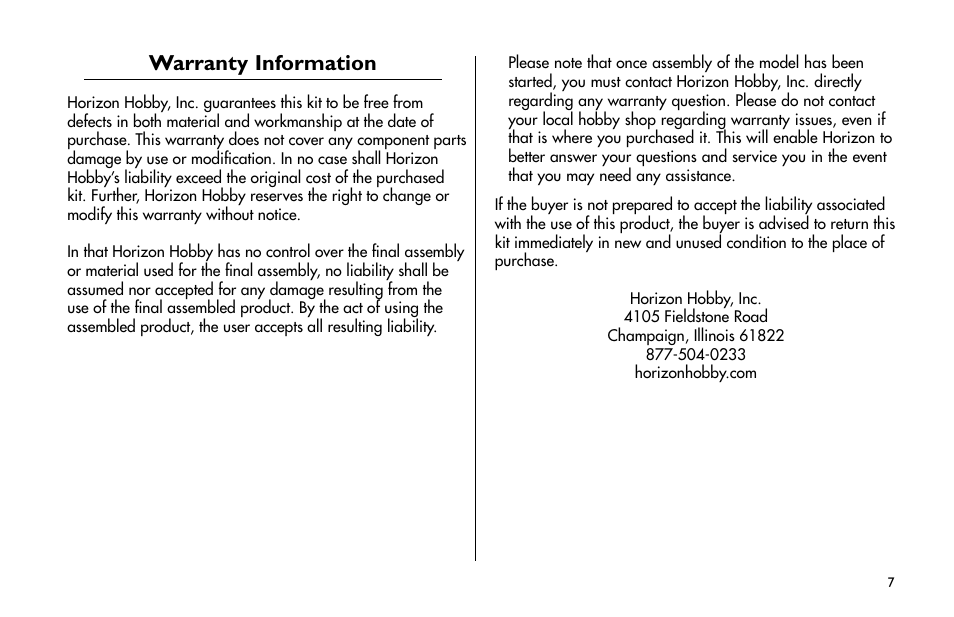 Warranty information | E-flite Mini Edge 3D ARF User Manual | Page 7 / 44