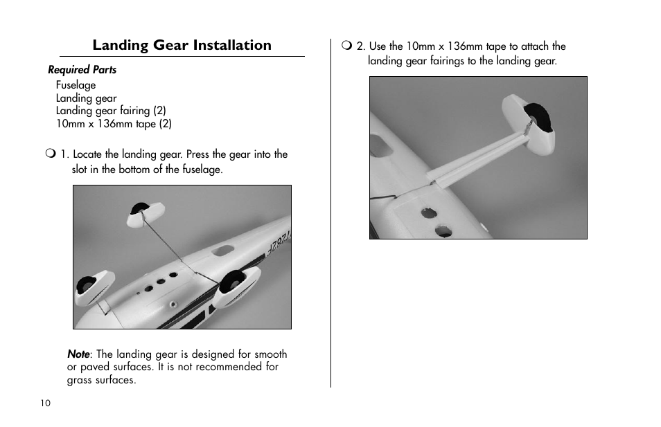 Landing gear installation | E-flite Cessna 182 370 ARF User Manual | Page 10 / 32