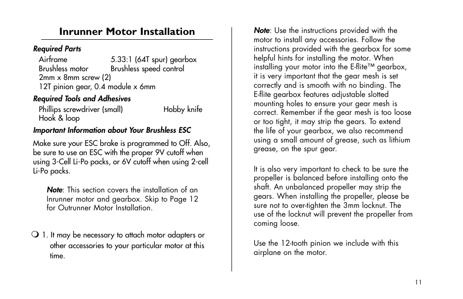 Inrunner motor installation | E-flite Cessna 182 370 ARF User Manual | Page 11 / 32
